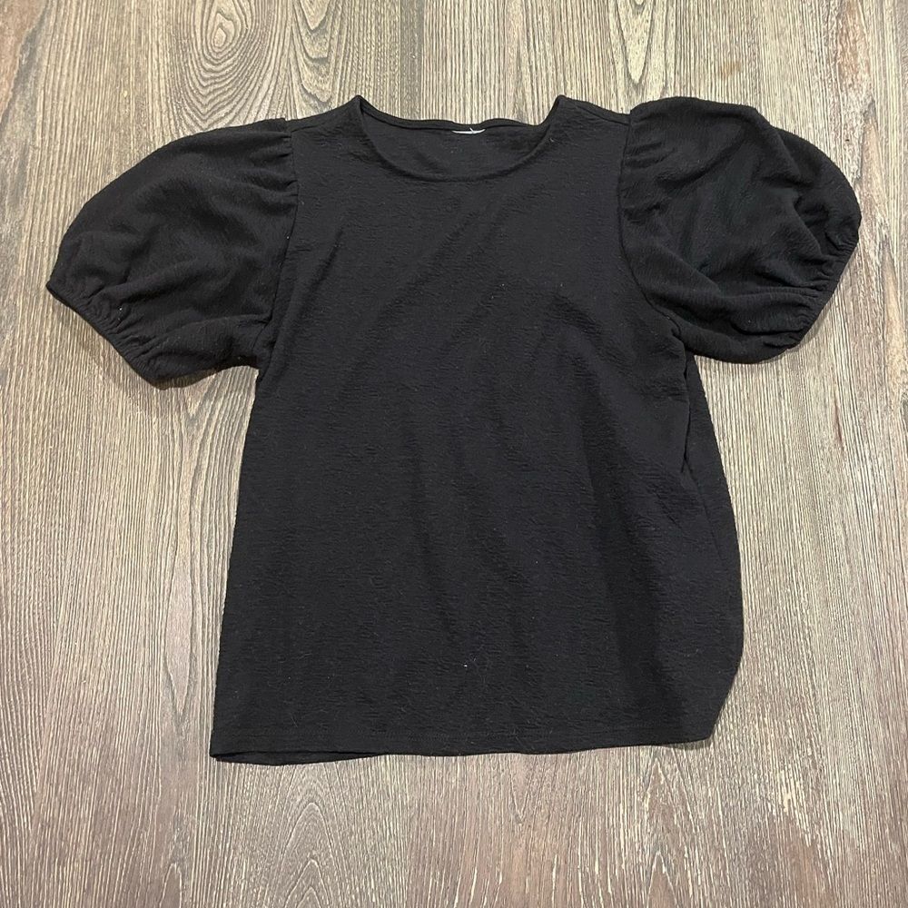 Womens Blouse Short Puff Sleeve Sleeve Round Neck Stretch Black Size Large
